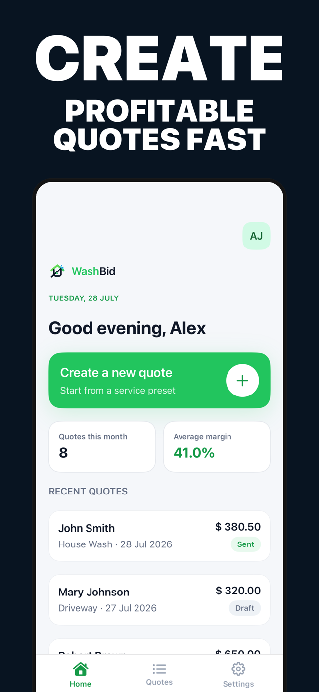 WashBid home screen with a clear New Quote action