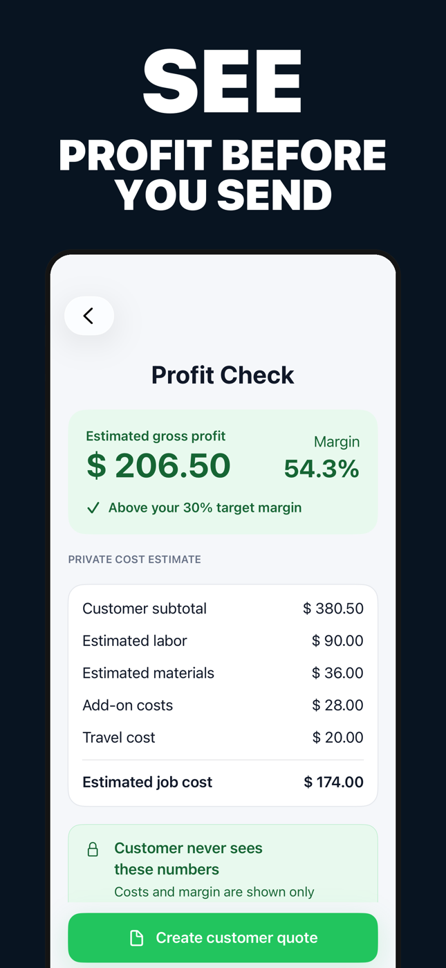 WashBid profit review showing customer price, estimated cost, profit, and margin
